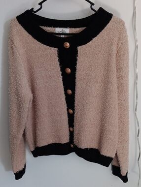 Able Two-Tone Beige and Black Textured Cardigan